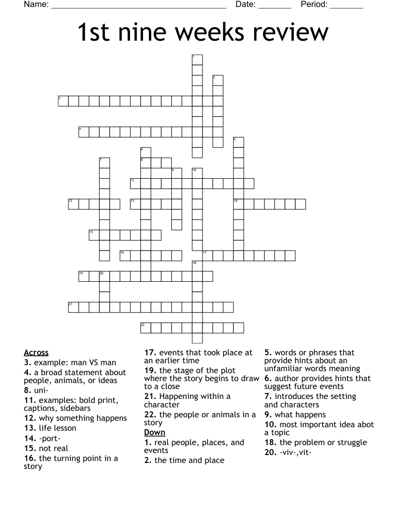 1st Nine Weeks Review Crossword WordMint