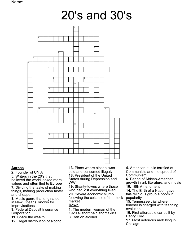 20 s And 30 s Crossword WordMint