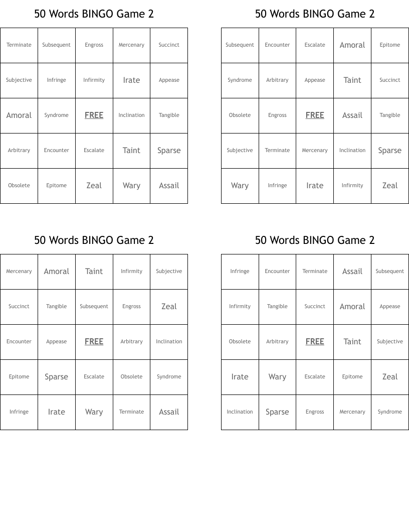 50 Words BINGO Game 2 WordMint