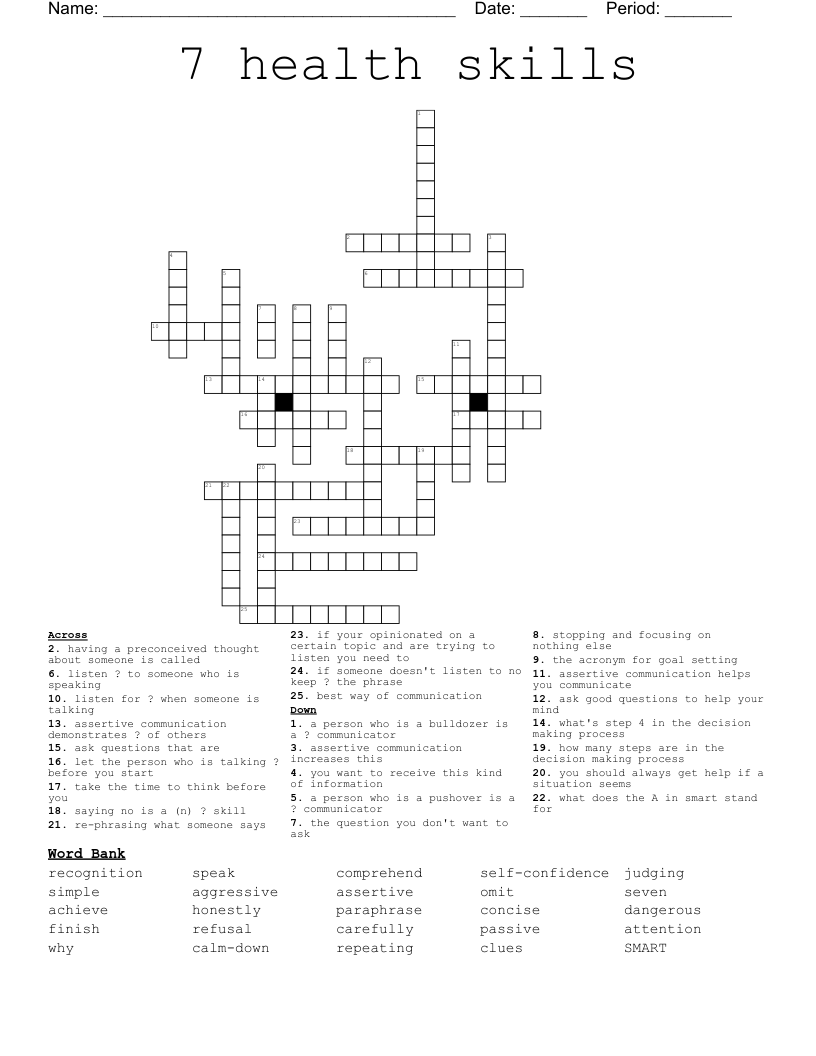 7 Health Skills Crossword WordMint