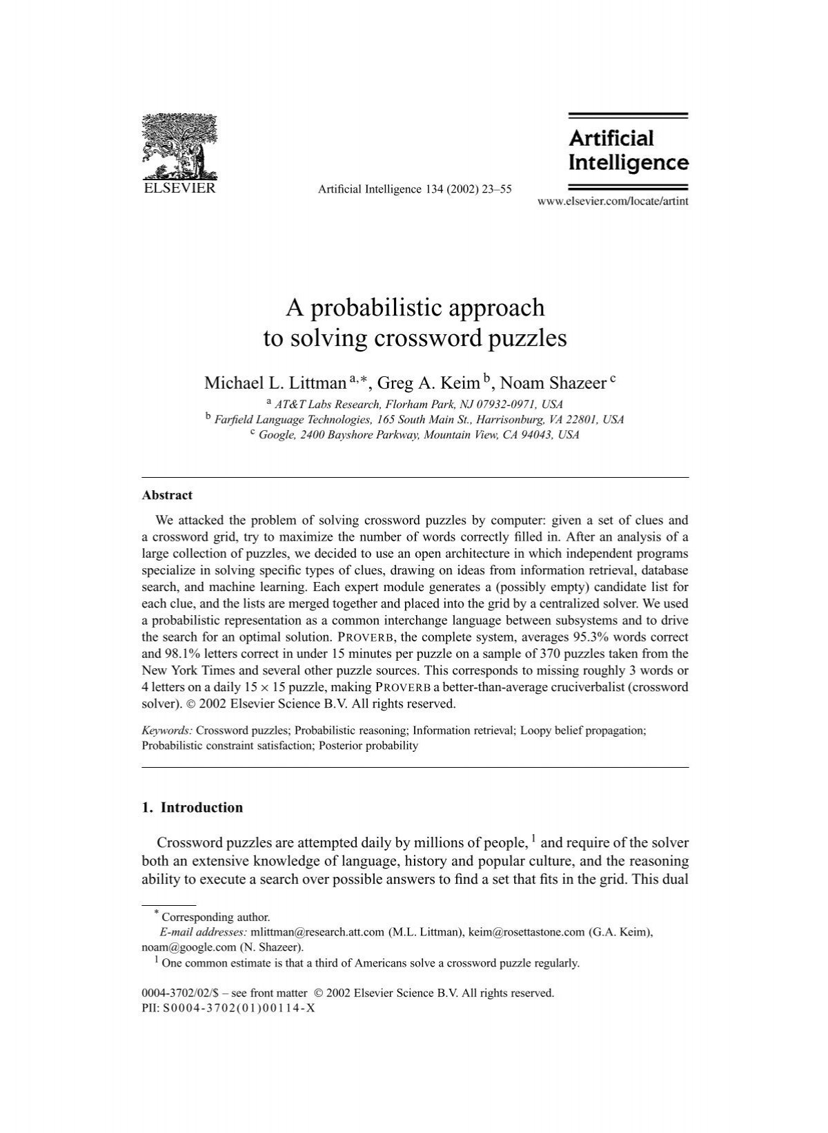 A Probabilistic Approach To Solving Crossword Puzzles One Across