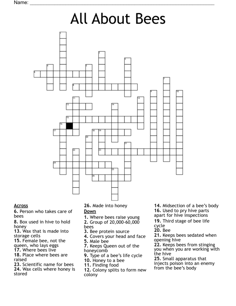 All About Bees Crossword WordMint