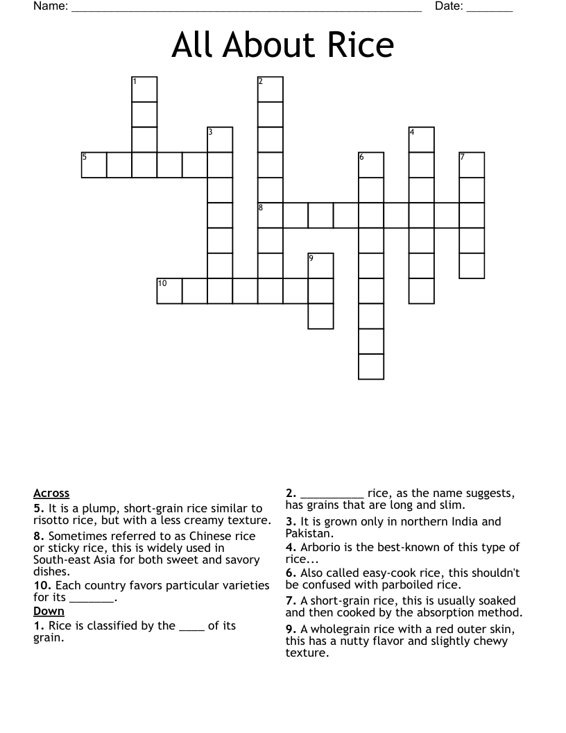 All About Rice Crossword WordMint
