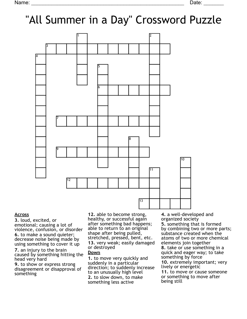 All Summer In A Day Crossword Puzzle WordMint