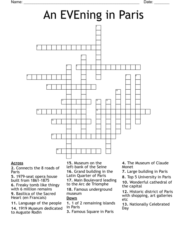 An EVEning In Paris Crossword WordMint