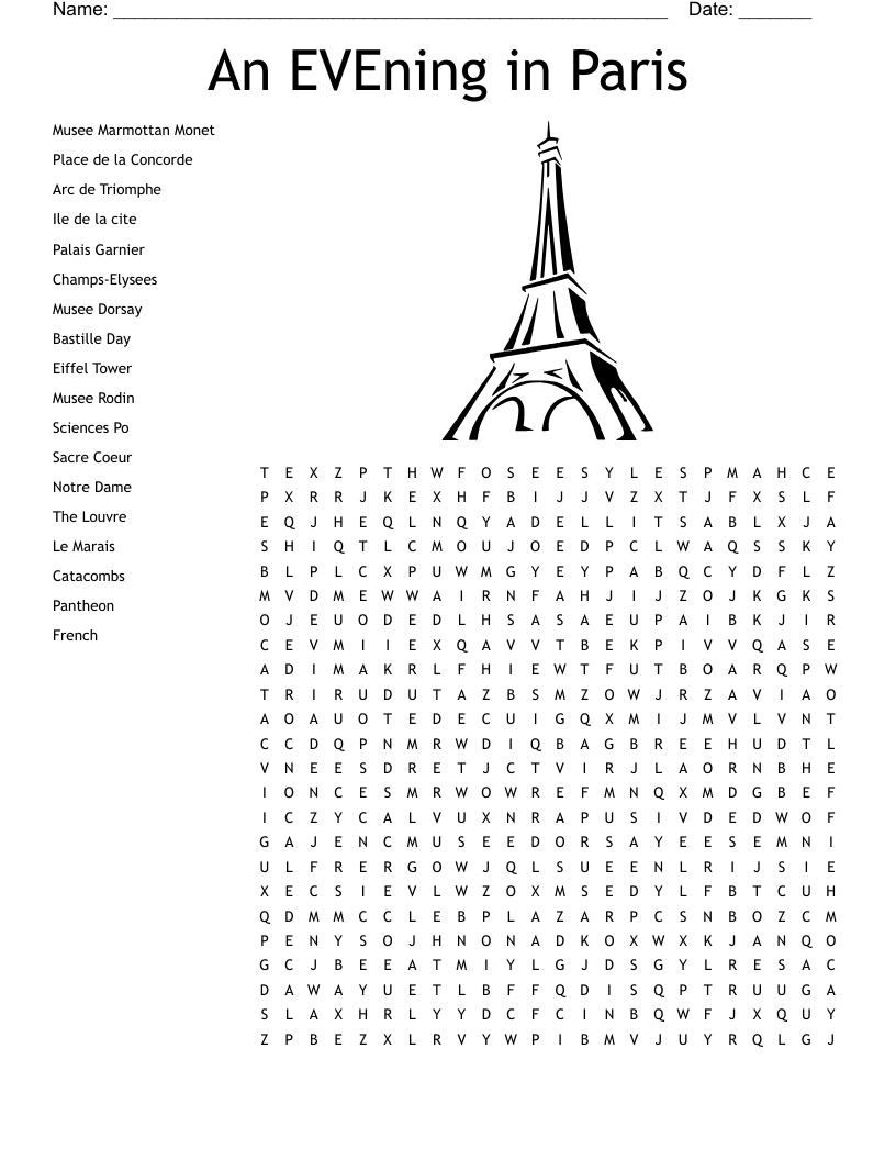 An EVEning In Paris Word Search WordMint