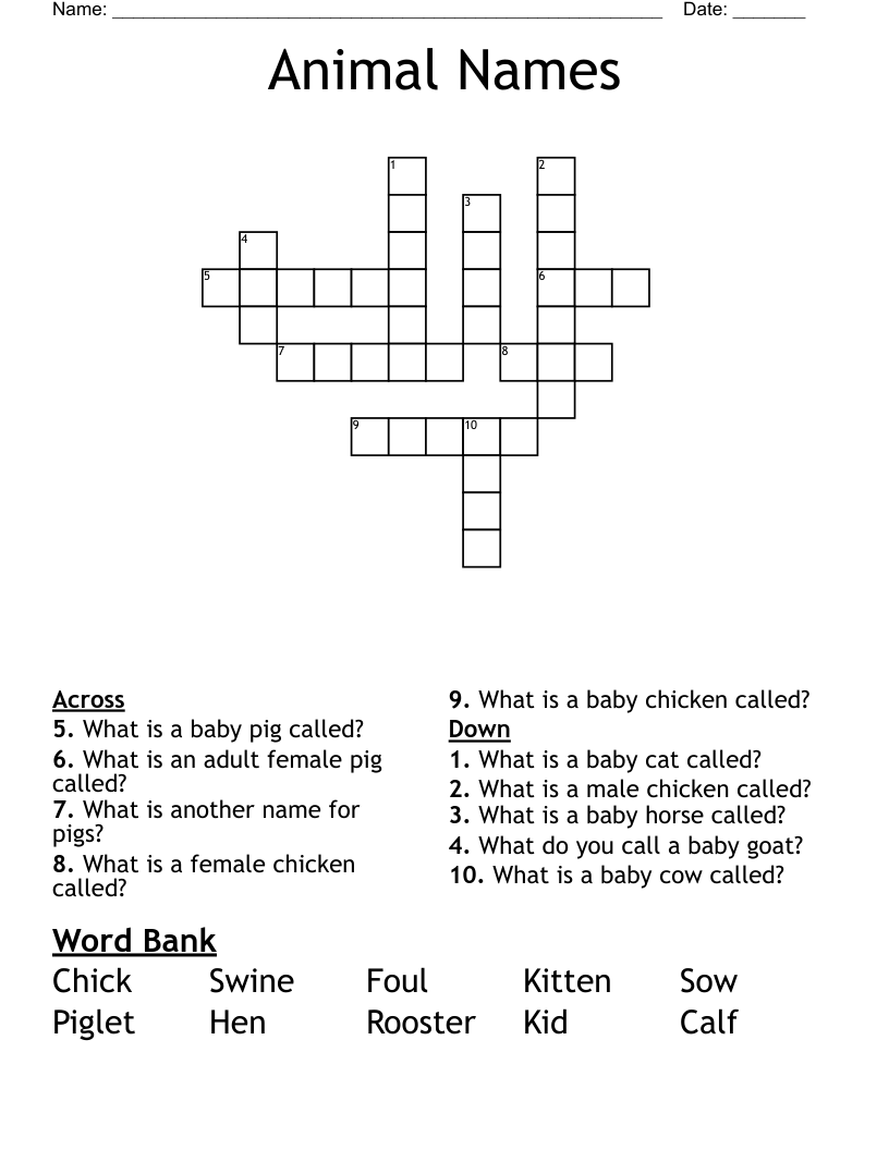 Animal Names Crossword WordMint