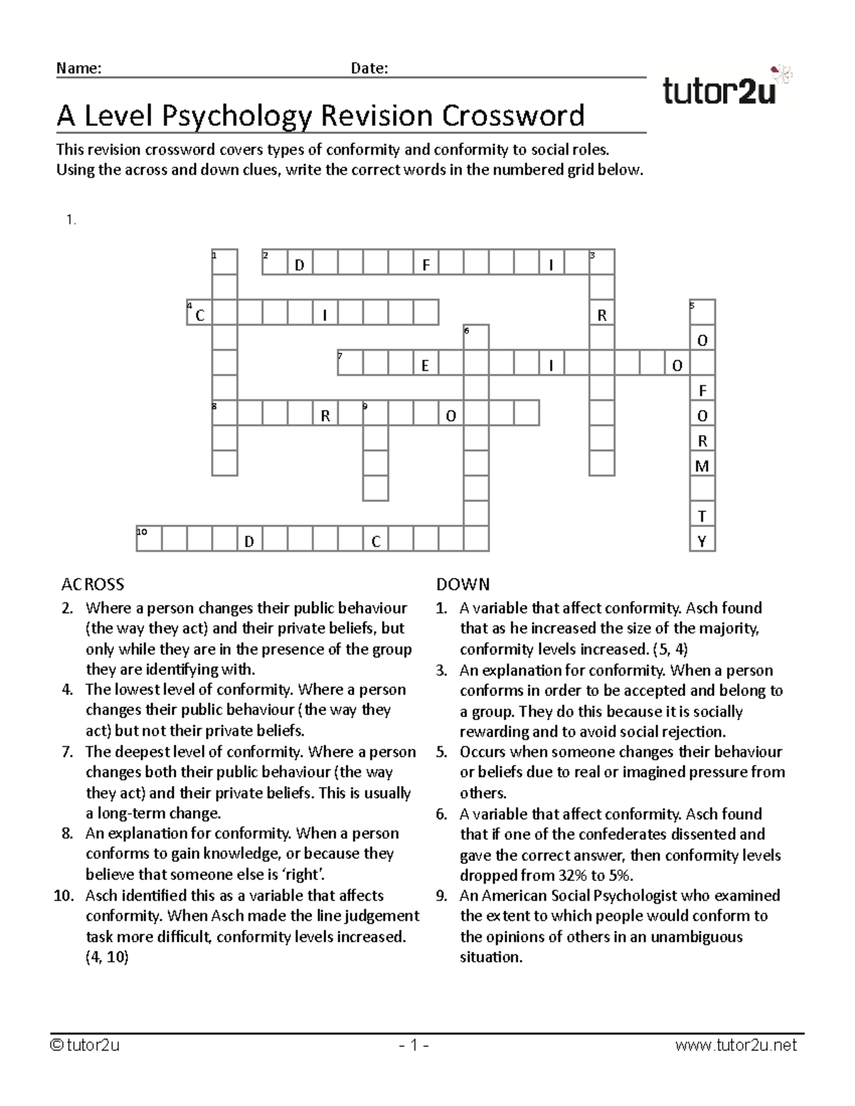 AQA Psychology Social Influence Revision Crosswords A Level Psychology Revision Crossword This Studocu