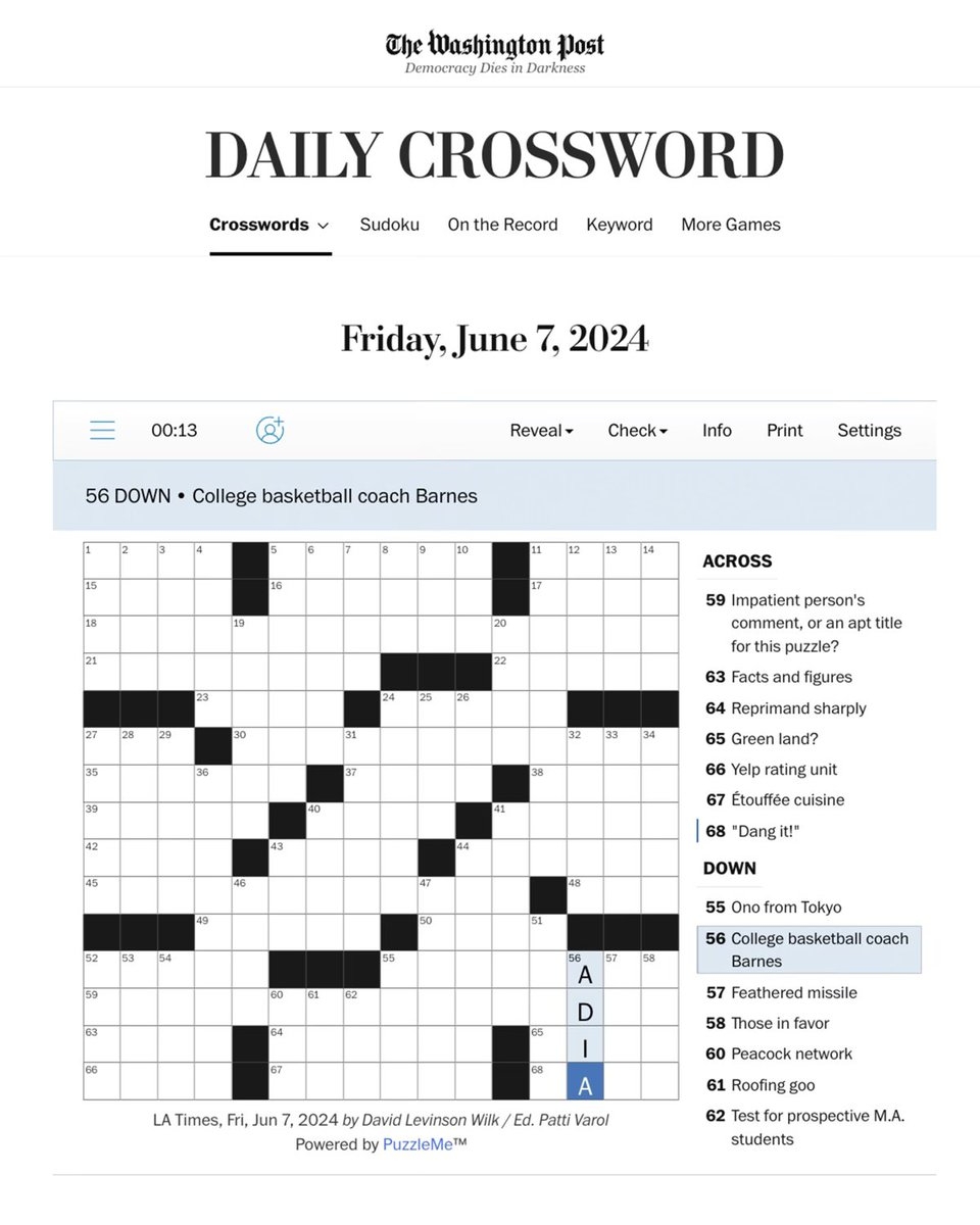 Arizona Basketball On X AdiaBarnes Was Featured In Today s washingtonpost Daily Crossword MadeForIt X LeaveALegacy Https t co Goap1MYt7K X