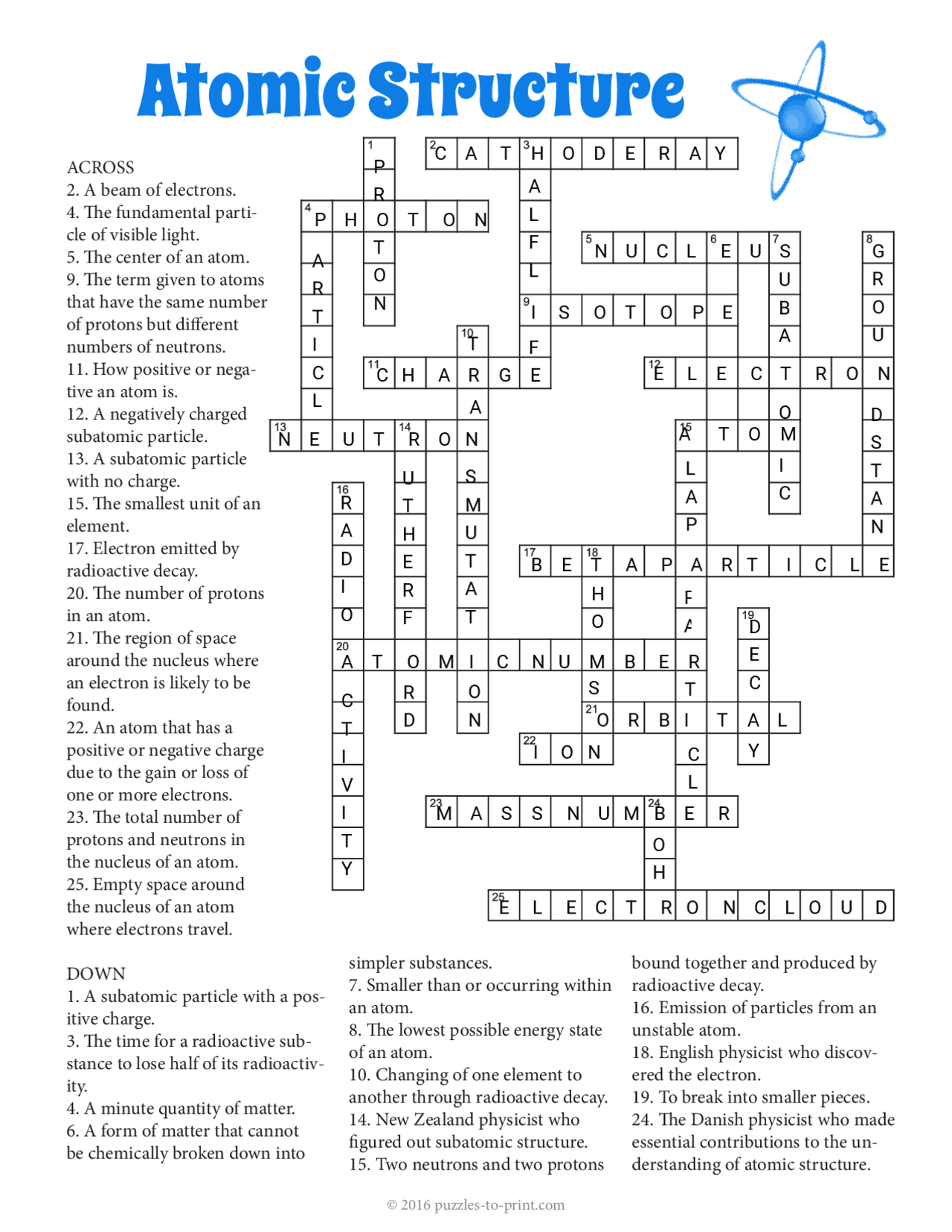 Atomic Structure Crossword Puzzle Ejercicios Qu mica Docsity