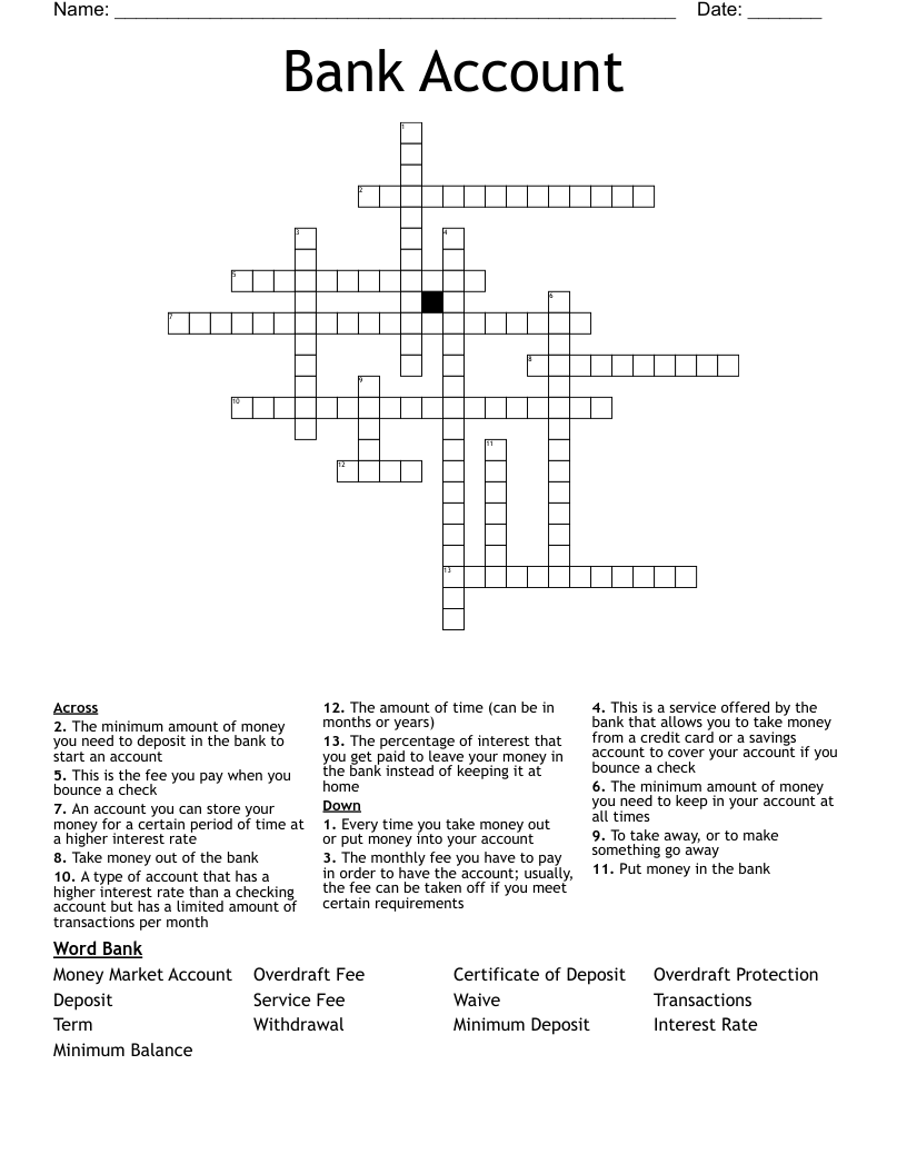 Bank Account Crossword WordMint