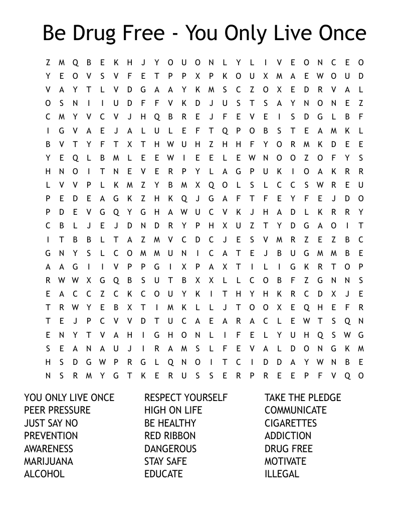 Be Drug Free You Only Live Once Word Search WordMint