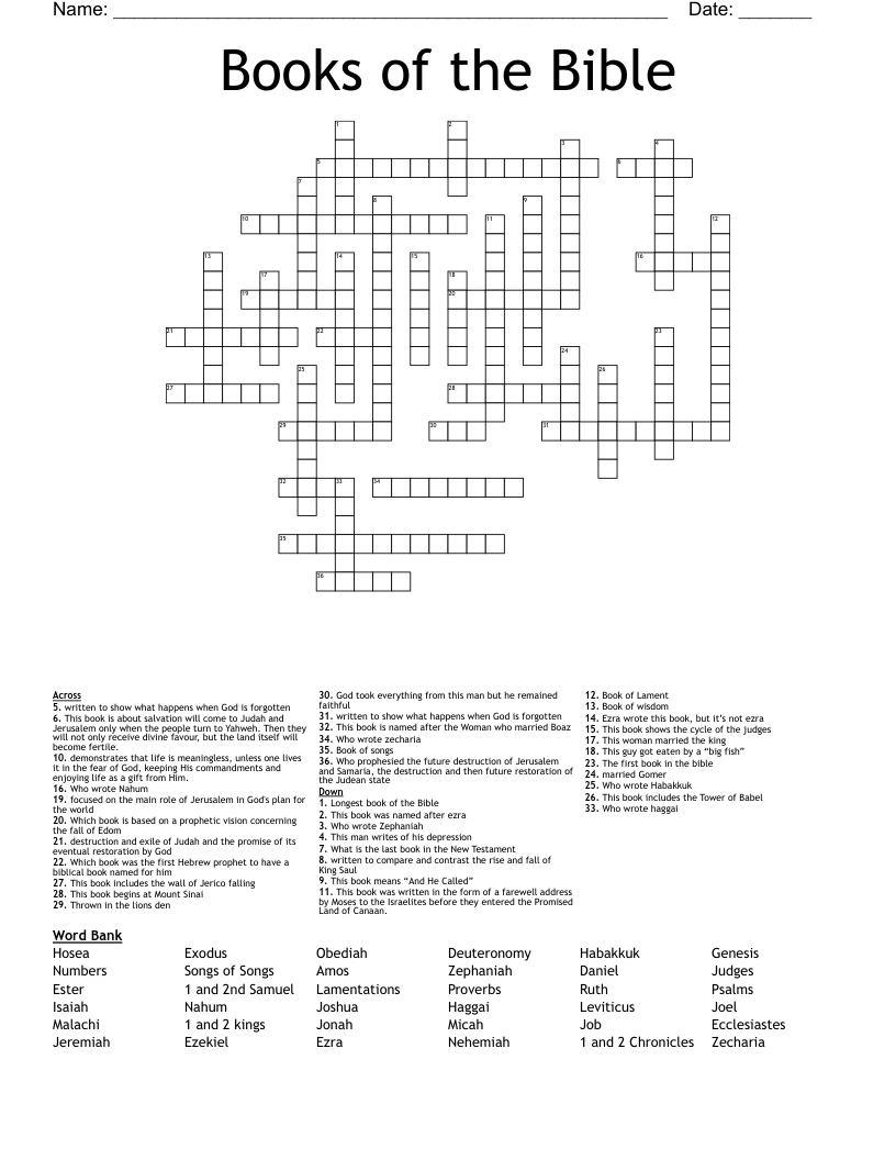 Books Of The Bible Crossword WordMint