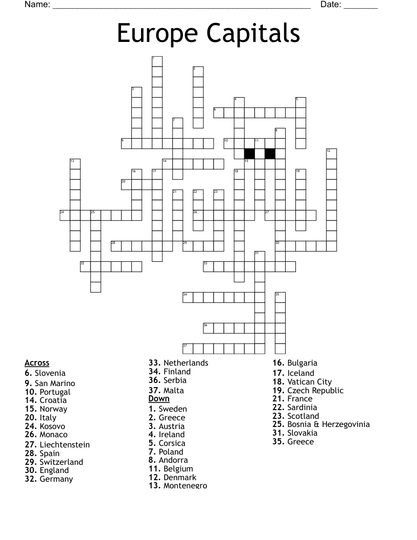 Capital Cities Of Europe Crossword WordMint