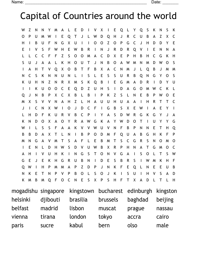 Capital Of Countries Around The World Word Search WordMint