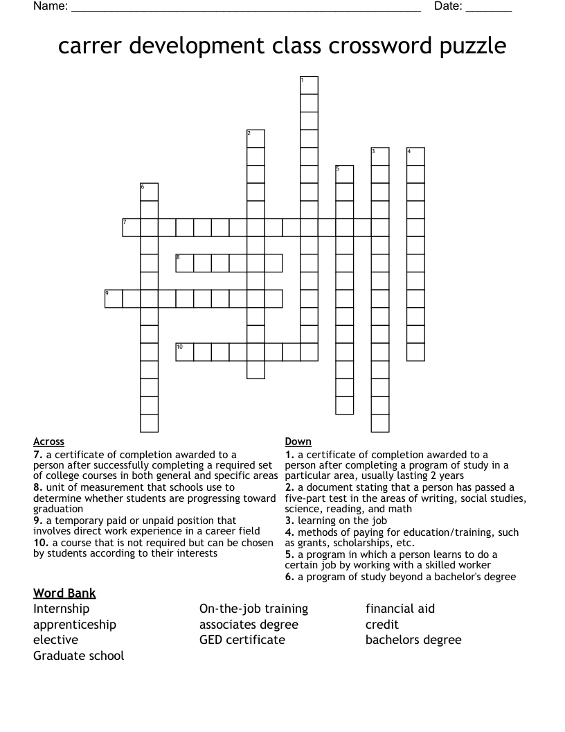 Carrer Development Class Crossword Puzzle WordMint