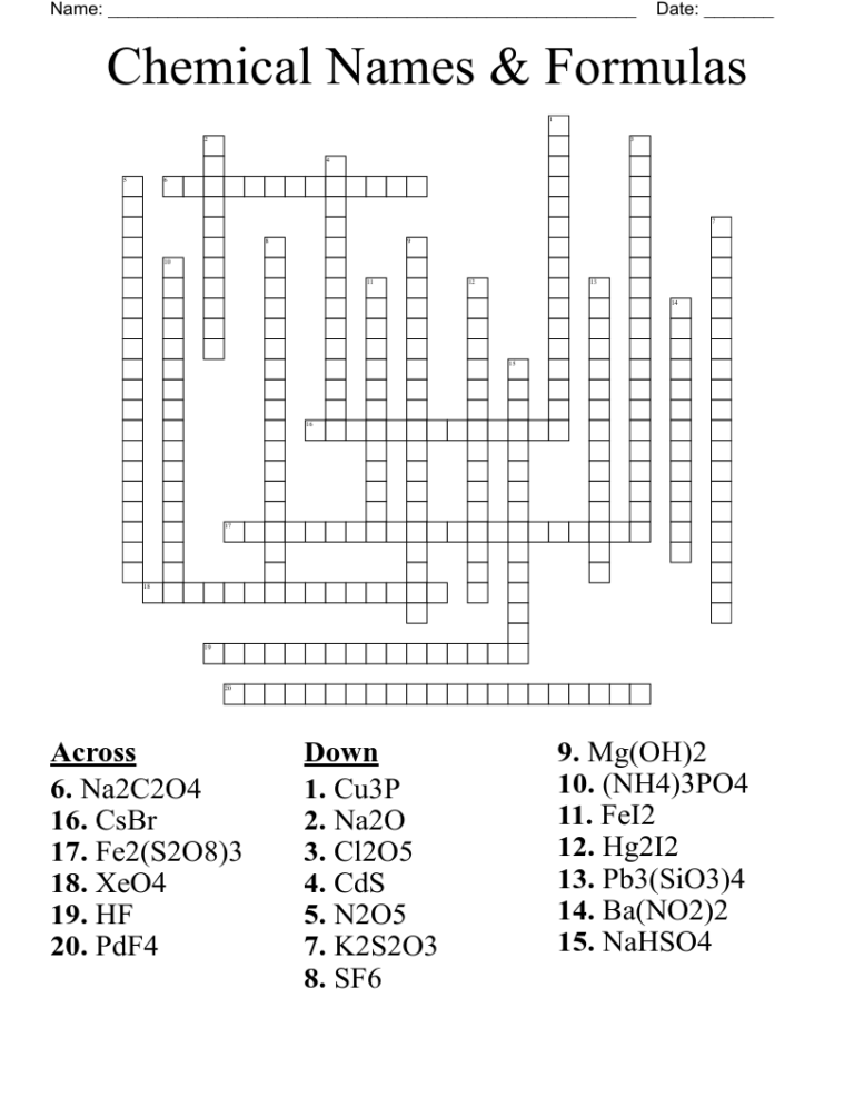 Chemical Names Formulas Crossword WordMint