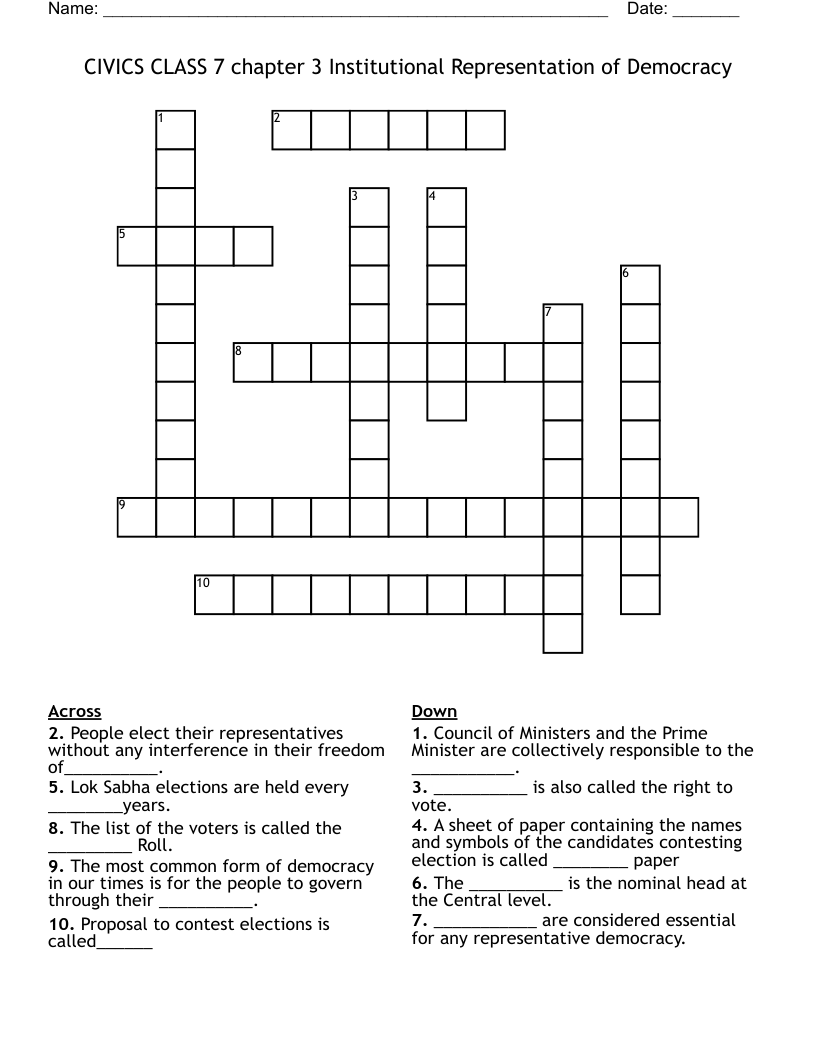 CIVICS CLASS 7 Chapter 3 Institutional Representation Of Democracy Crossword WordMint