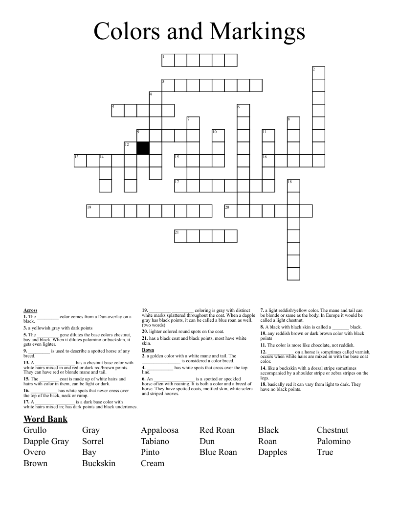 Colors And Markings Crossword WordMint