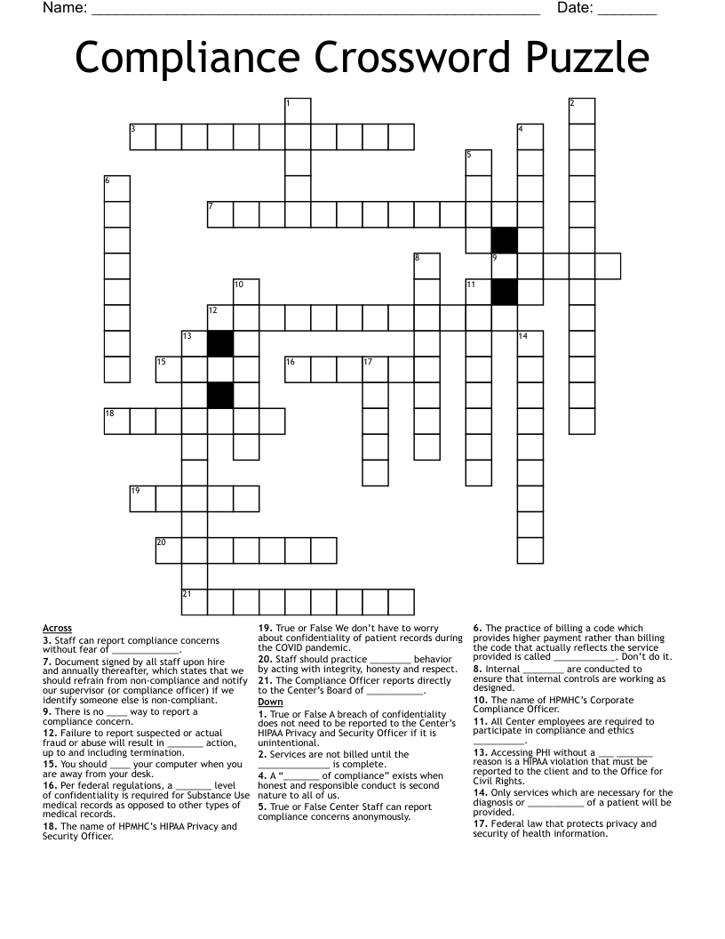 Compliance Crossword Puzzle WordMint