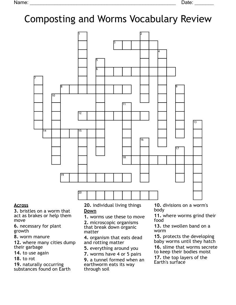 Composting And Worms Vocabulary Review Crossword WordMint
