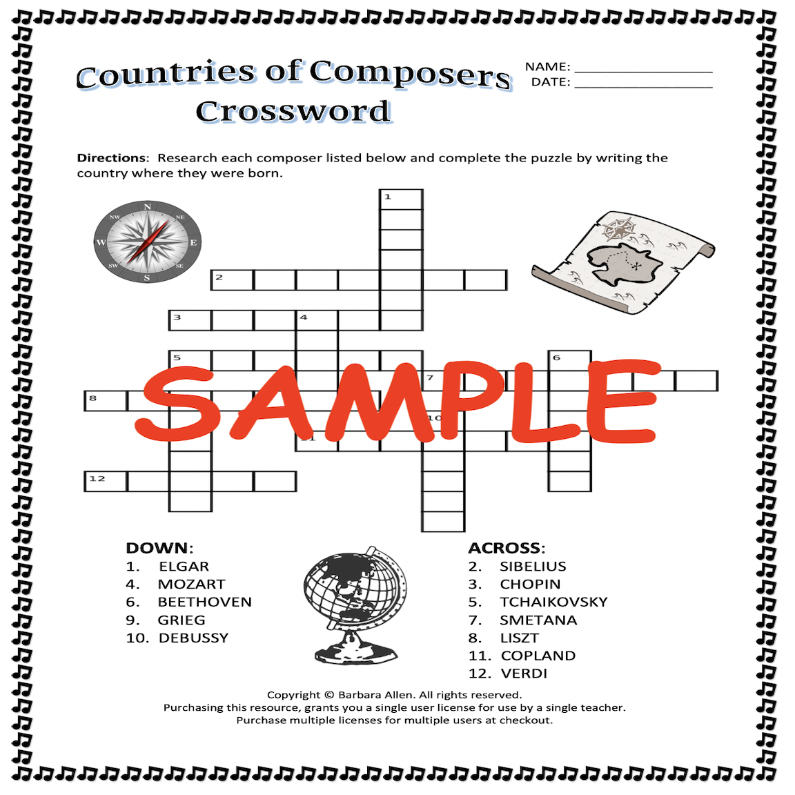 Countries Of Composers Fun Crossword Puzzle Worksheet Answer Keys Included Made By Teachers