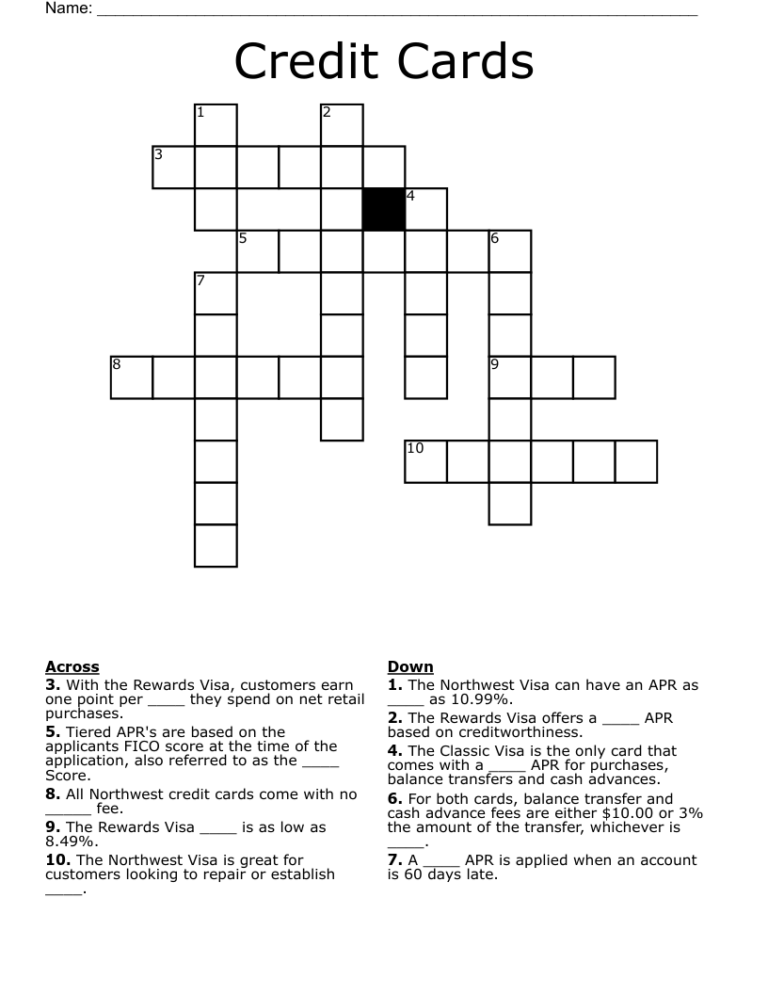 Credit Cards Crossword WordMint