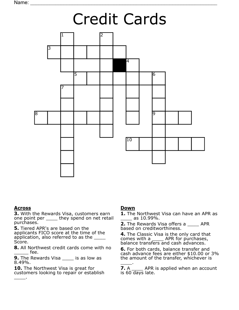 Credit Cards Crossword WordMint