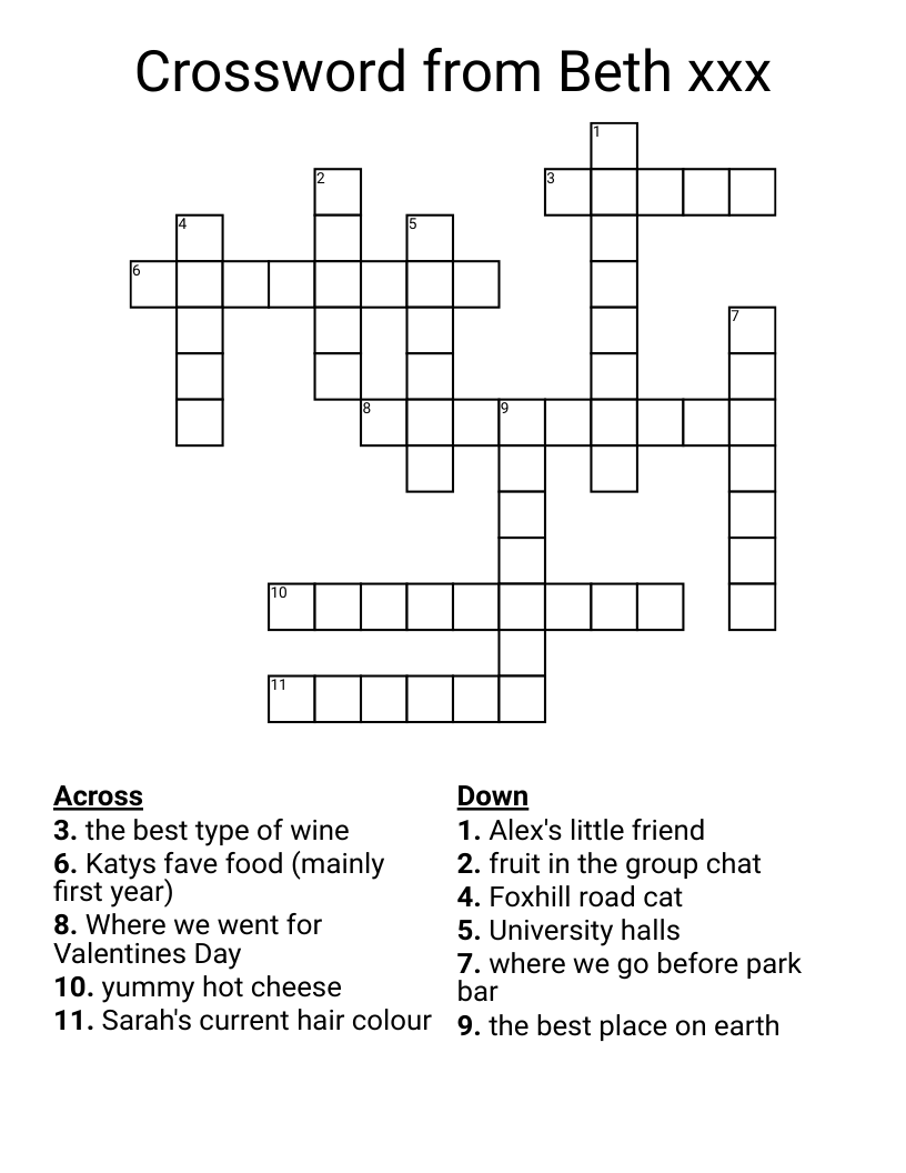 Crossword From Beth Xxx WordMint