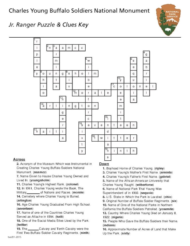 Crossword Puzzle Answer Keys Charles Young Buffalo Soldiers National Monument U S National Park Service