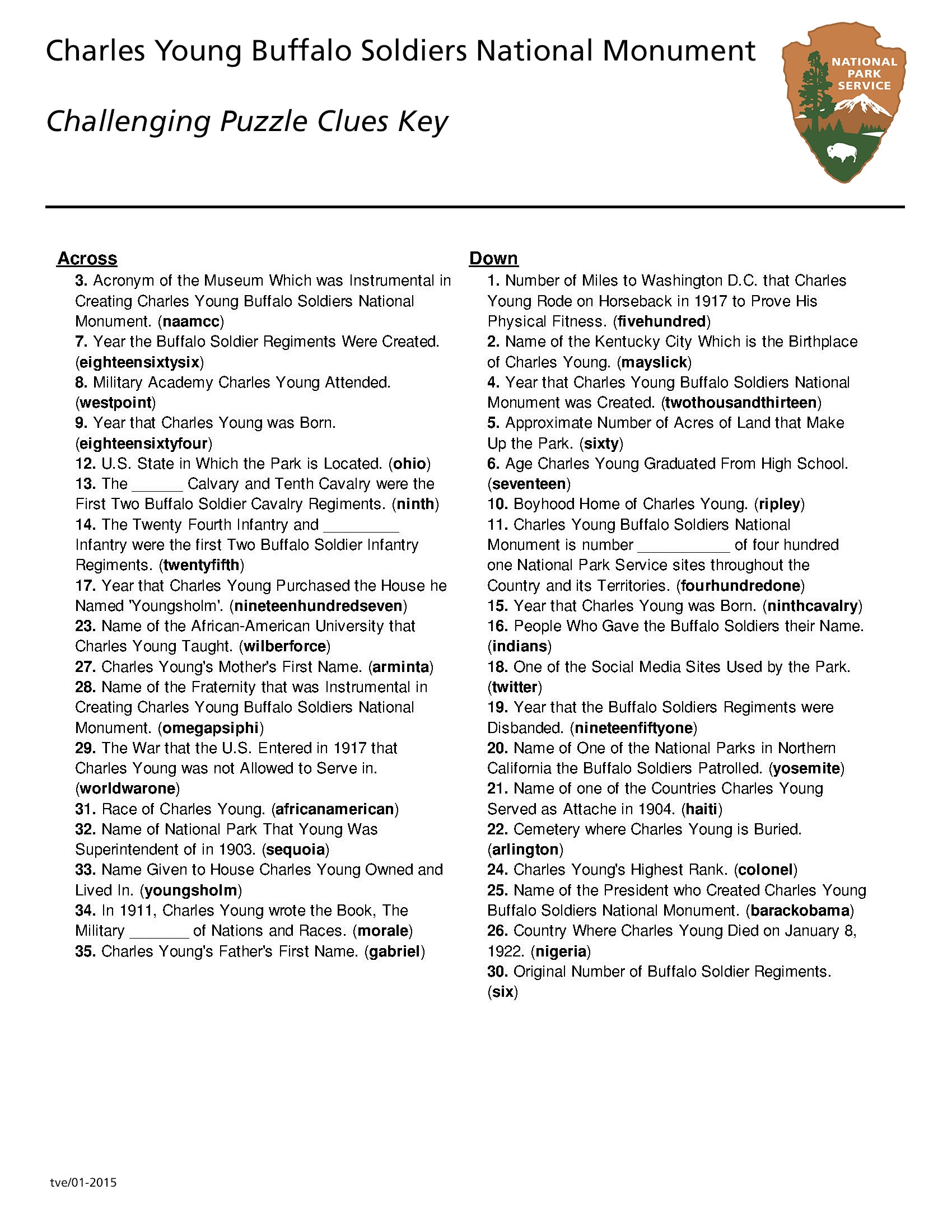 Crossword Puzzle Answer Keys Charles Young Buffalo Soldiers National Monument U S National Park Service 
