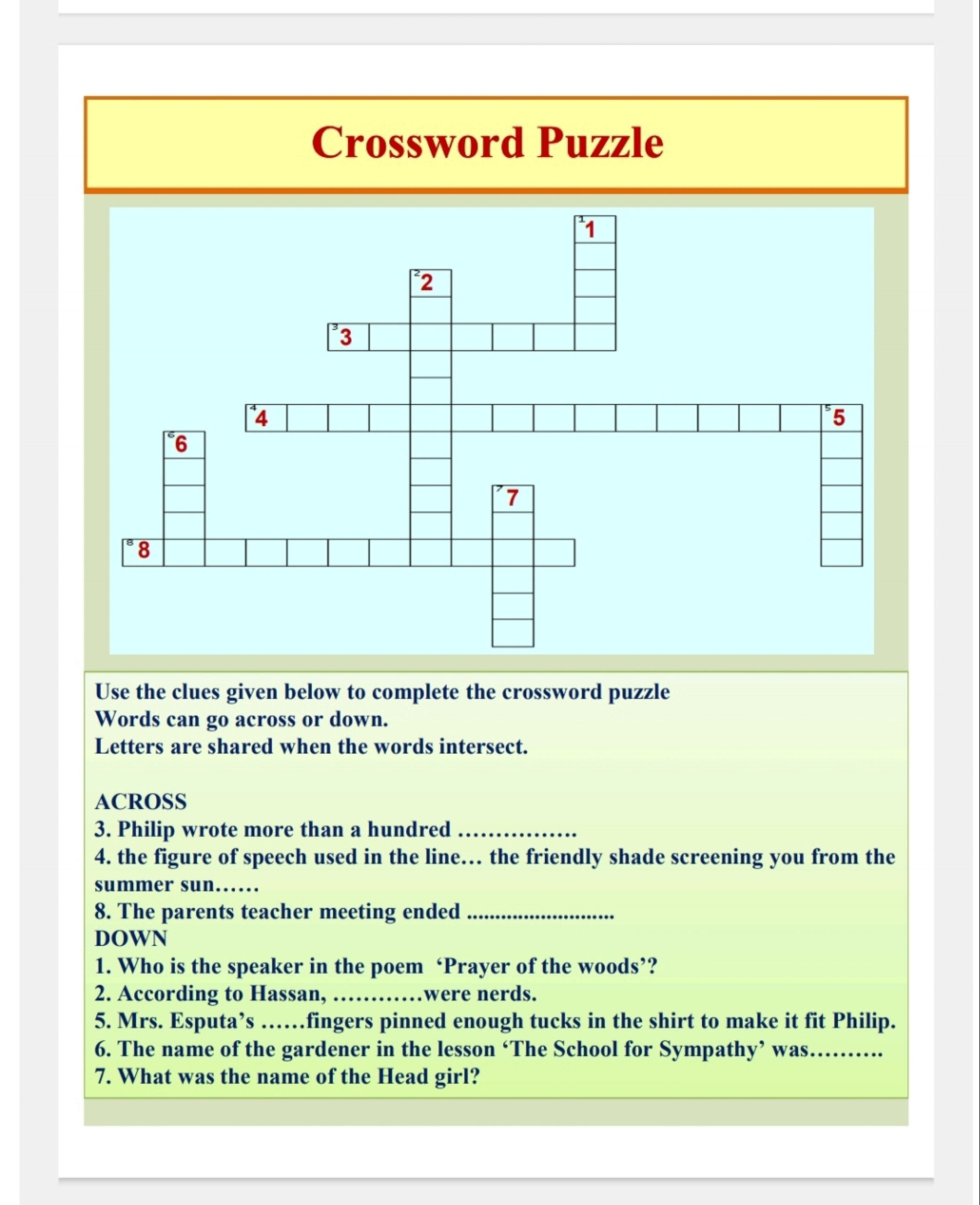 Crossword Puzzle Use The Clues Given Below To Complete The Crossword Puz 