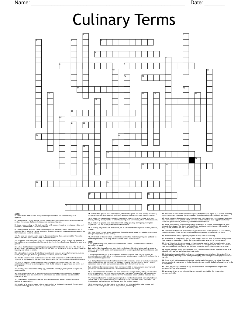 Culinary Terms Crossword WordMint