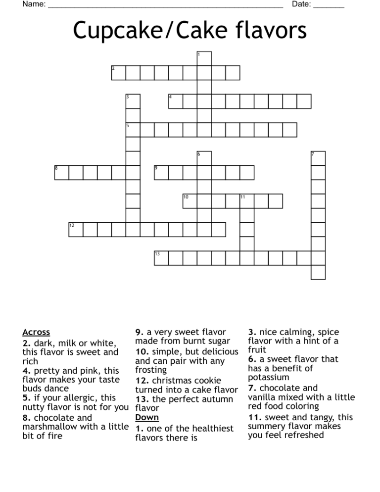 Cupcake Cake Flavors Crossword WordMint