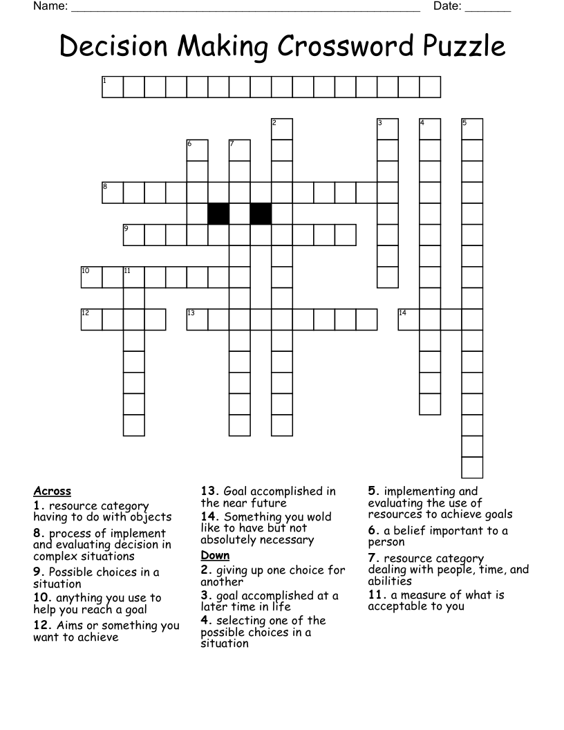 Decision Making Crossword Puzzle WordMint