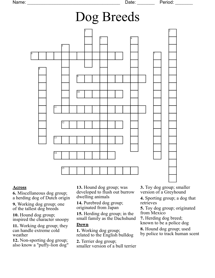 Dog Breed Crossword Puzzle WordMint