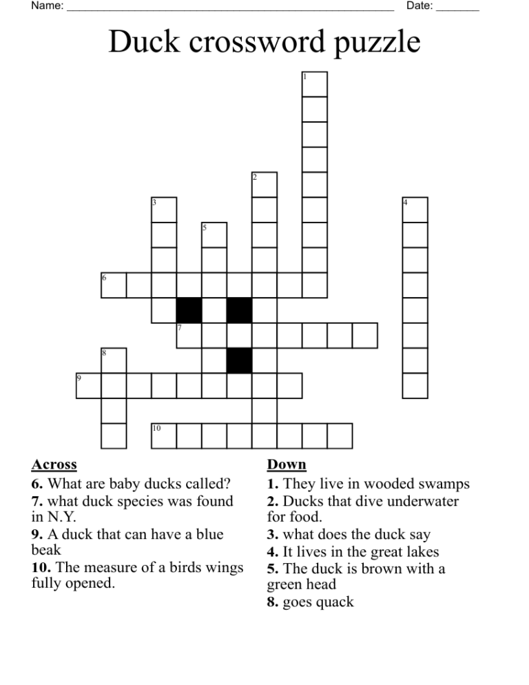Duck Crossword Puzzle WordMint