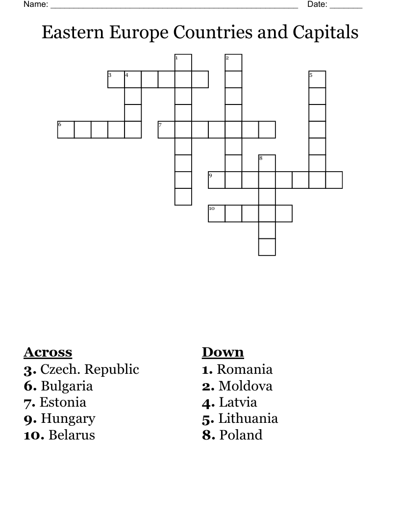 Eastern Europe Countries And Capitals Crossword WordMint