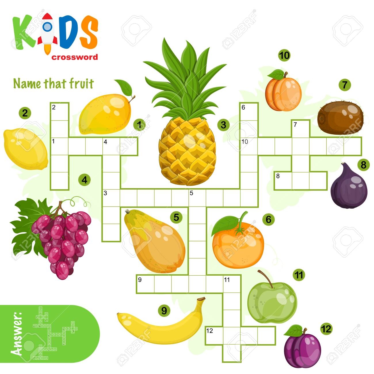 Easy Crossword Puzzle Name That Fruit For Children In Elementary And Middle School Fun Way To Practice Language Comprehension And Expand Vocabulary Includes Answers Royalty Free SVG Cliparts Vectors And Stock Illustration 