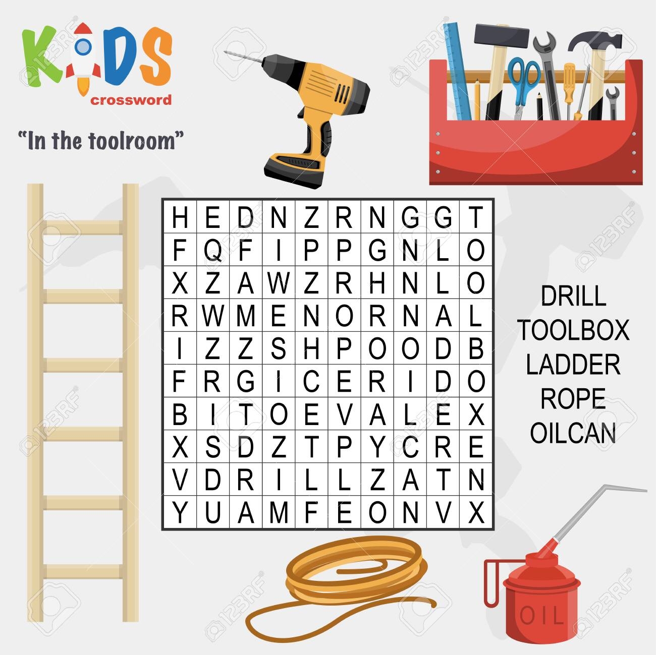 Easy Word Search Crossword Puzzle At The Toolroom For Children In Elementary And Middle School Fun Way To Practice Language Comprehension And Expand Vocabulary Includes Answers Royalty Free SVG Cliparts Vectors And