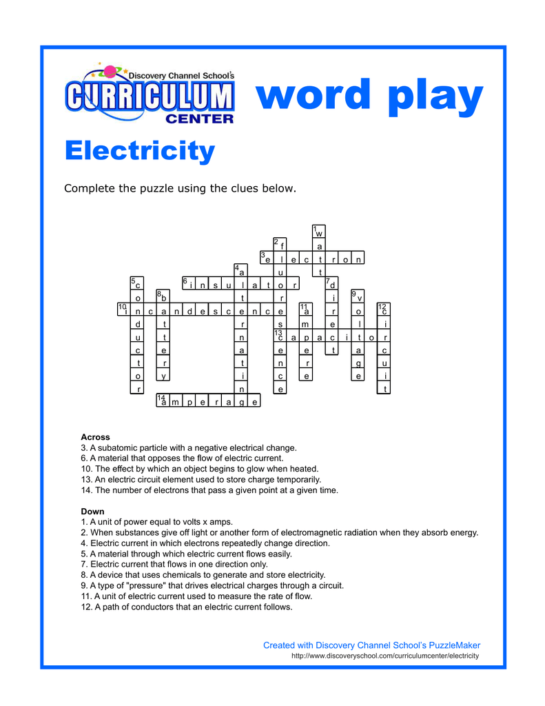 Electricity Crossword Puzzle Worksheet