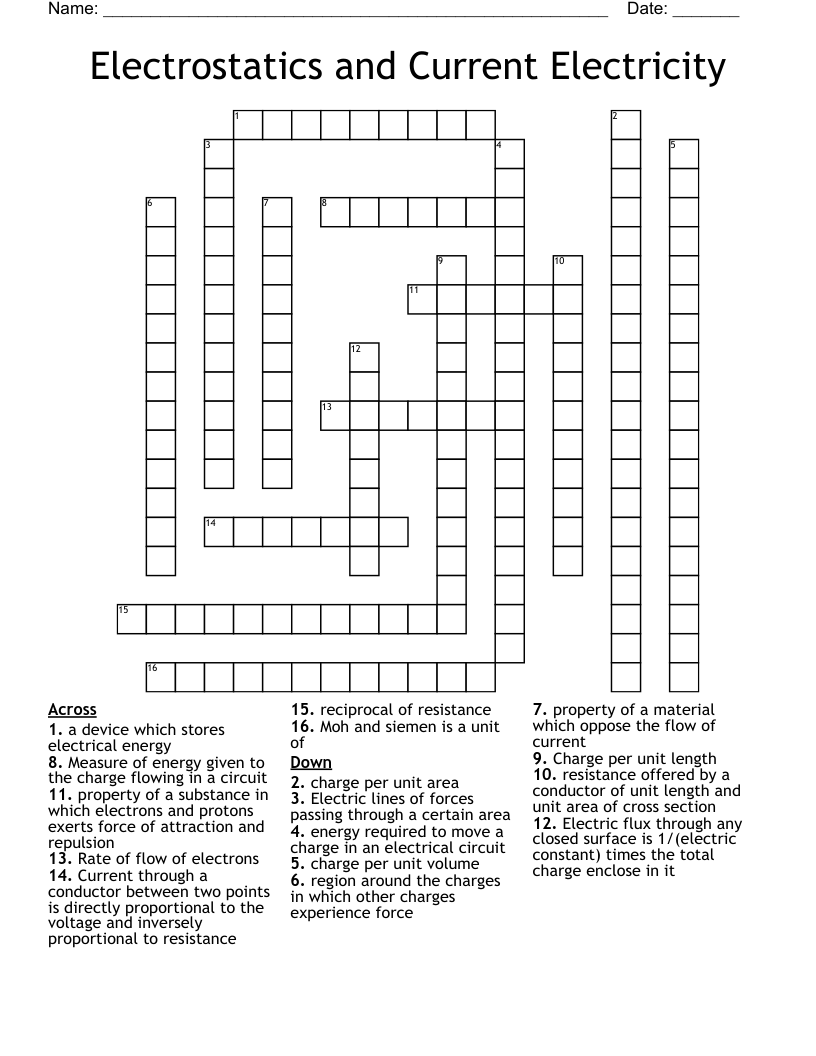 Electrostatics And Current Electricity Crossword WordMint