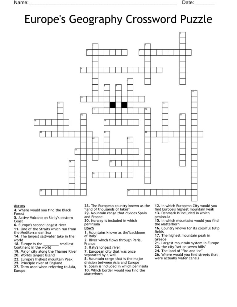 Europe s Geography Crossword Puzzle WordMint