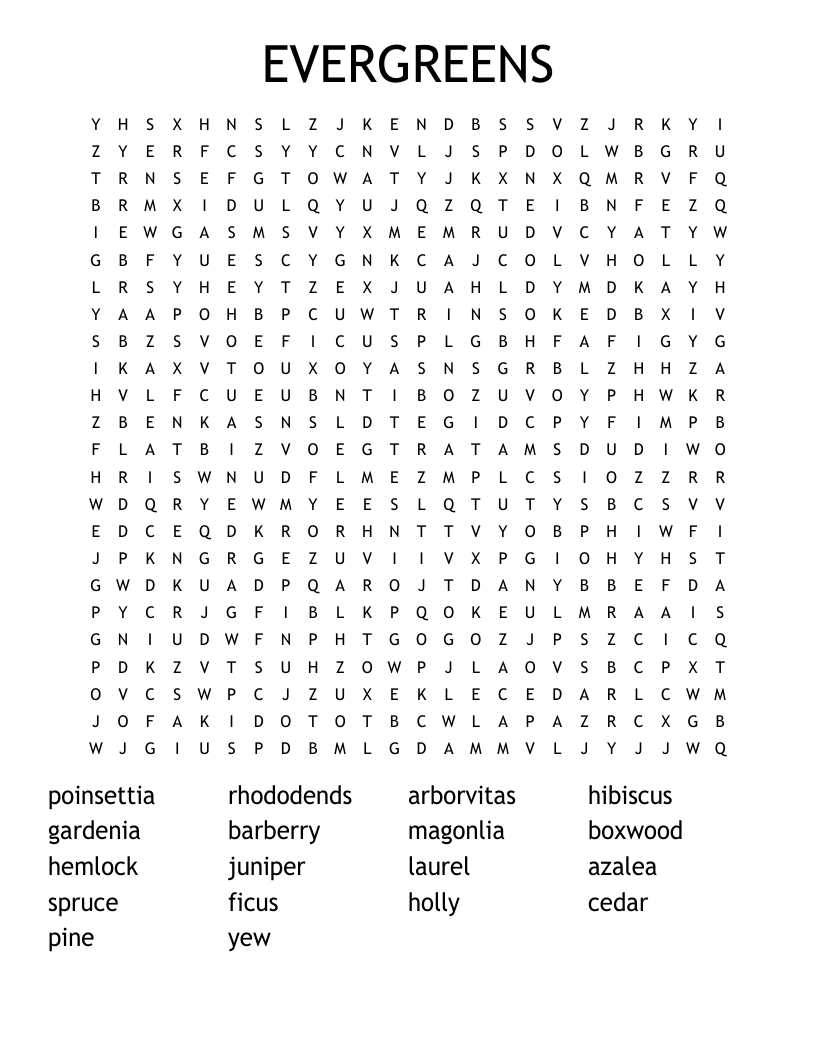 EVERGREENS Word Search WordMint EVERGREENS Word Search WordMint