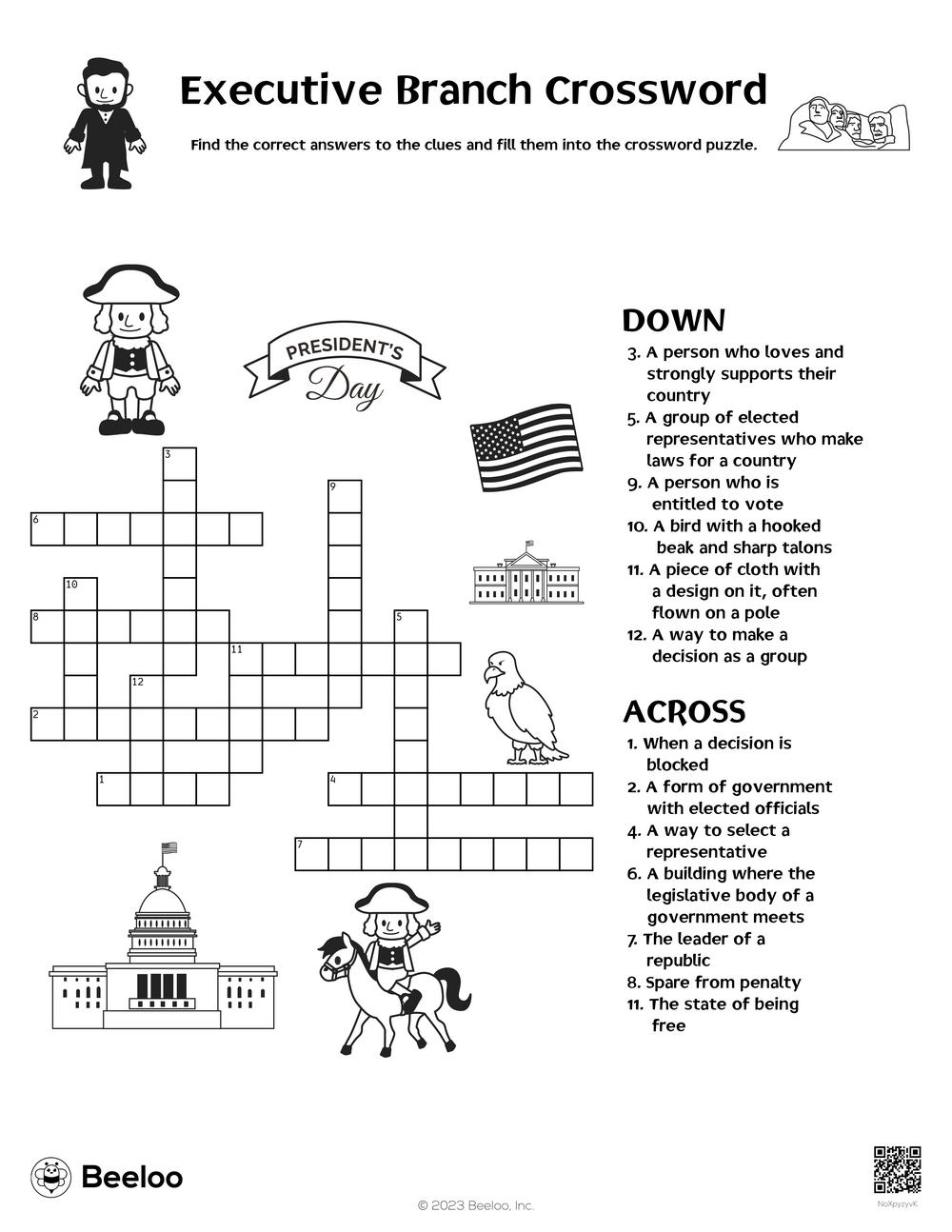 Executive Branch Crossword Beeloo Printable Crafts And Activities For Kids