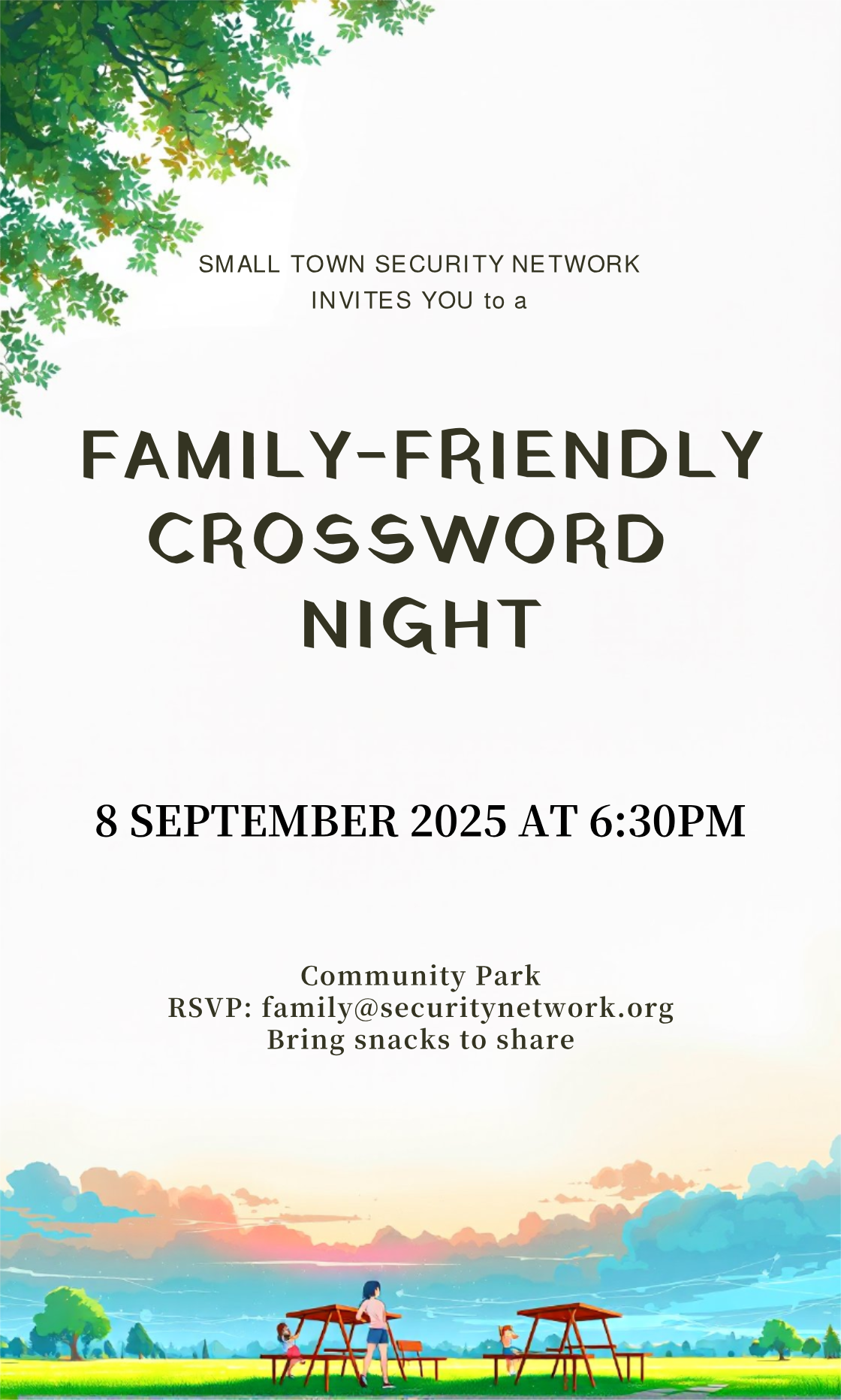 Family Friendly Small Town Security Network Crossword Night Invitation Template AI Designs By MolyPix AI