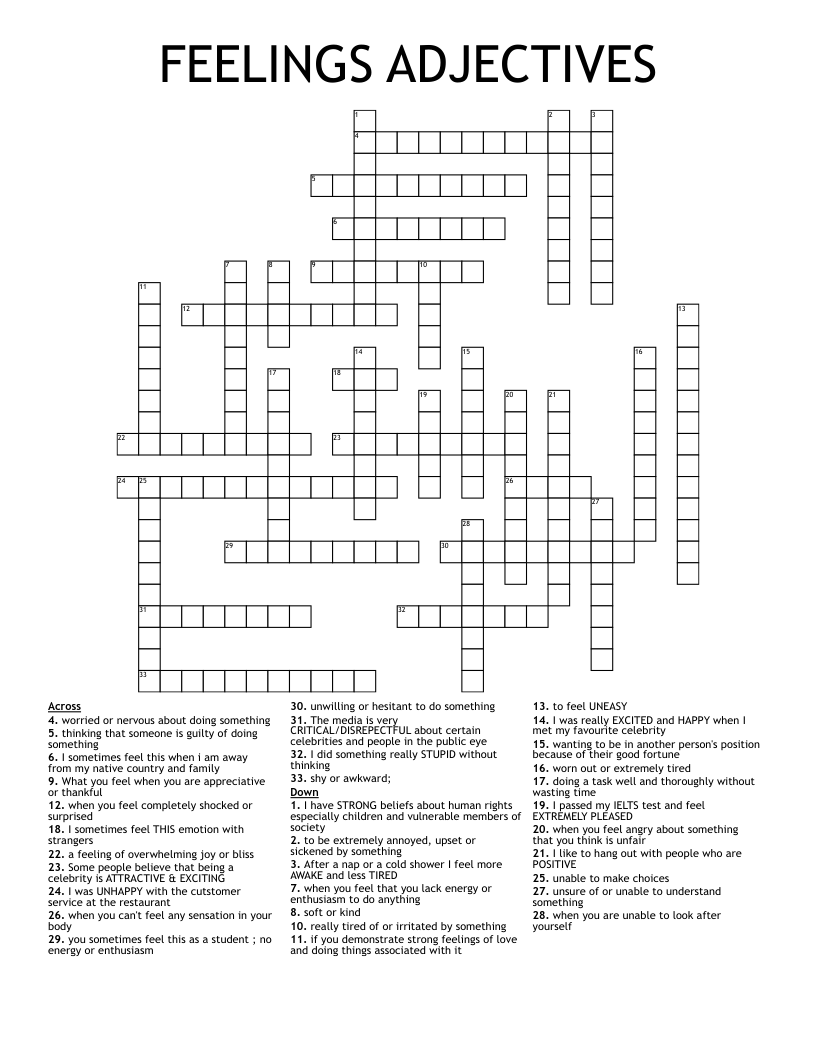 FEELINGS ADJECTIVES Crossword WordMint