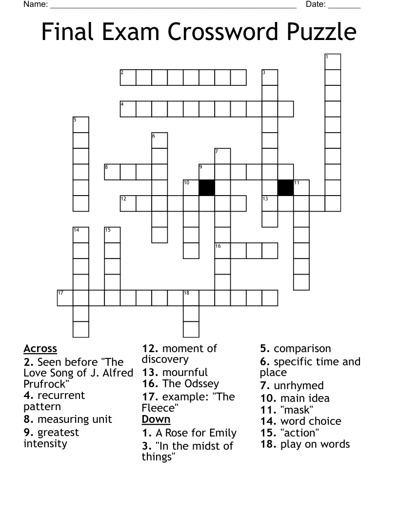 Final Exam Crossword Puzzle WordMint