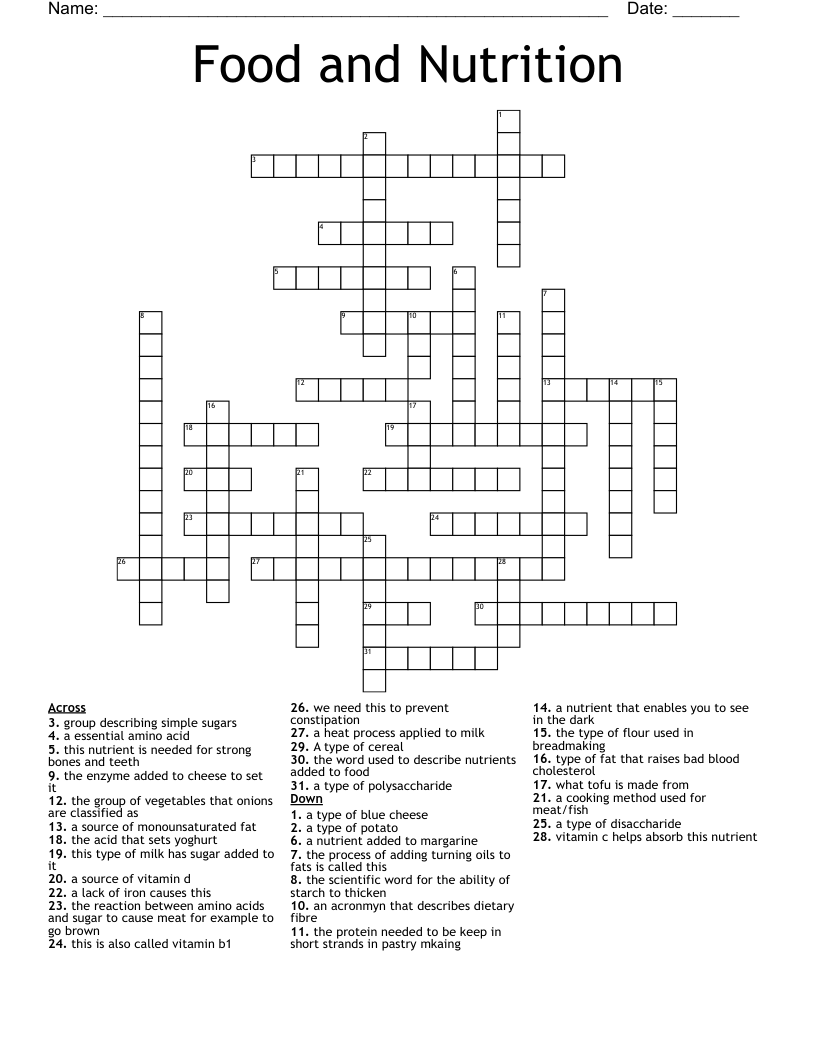 Food And Nutrition Crossword WordMint