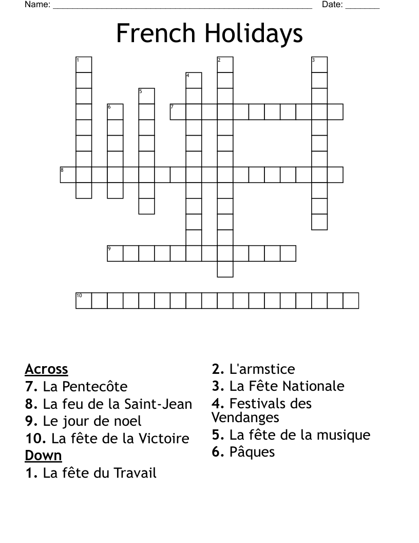 French Holidays Crossword WordMint